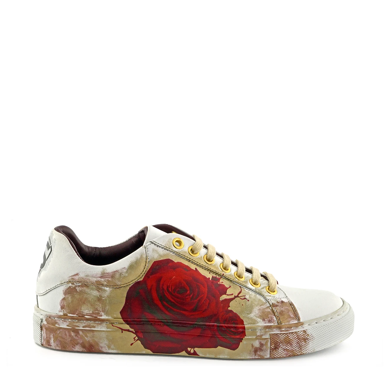 HIGH QUALITY WOMAN SNEAKERS WHITE LEATHER,FLOWER PATTERN DIGITAL PRINT. RUBBER WITH OUTSOLE.COTTON LACES MADE IN ITALY
