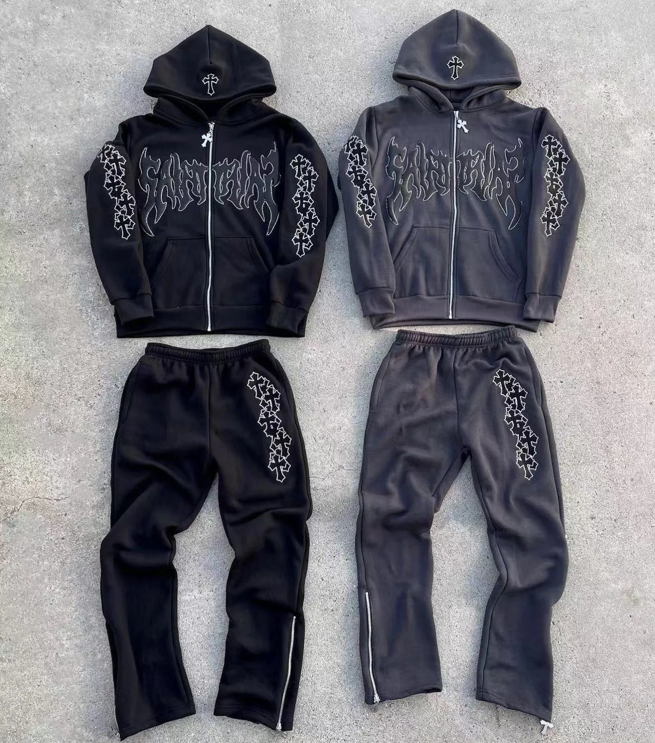 Men Sweatsuit Flared Sweatpants And Hoodie Sets Unisex Tracksuit Puff Print Rhinestone Zip Up Hoodies Flare Sweat Pants Set