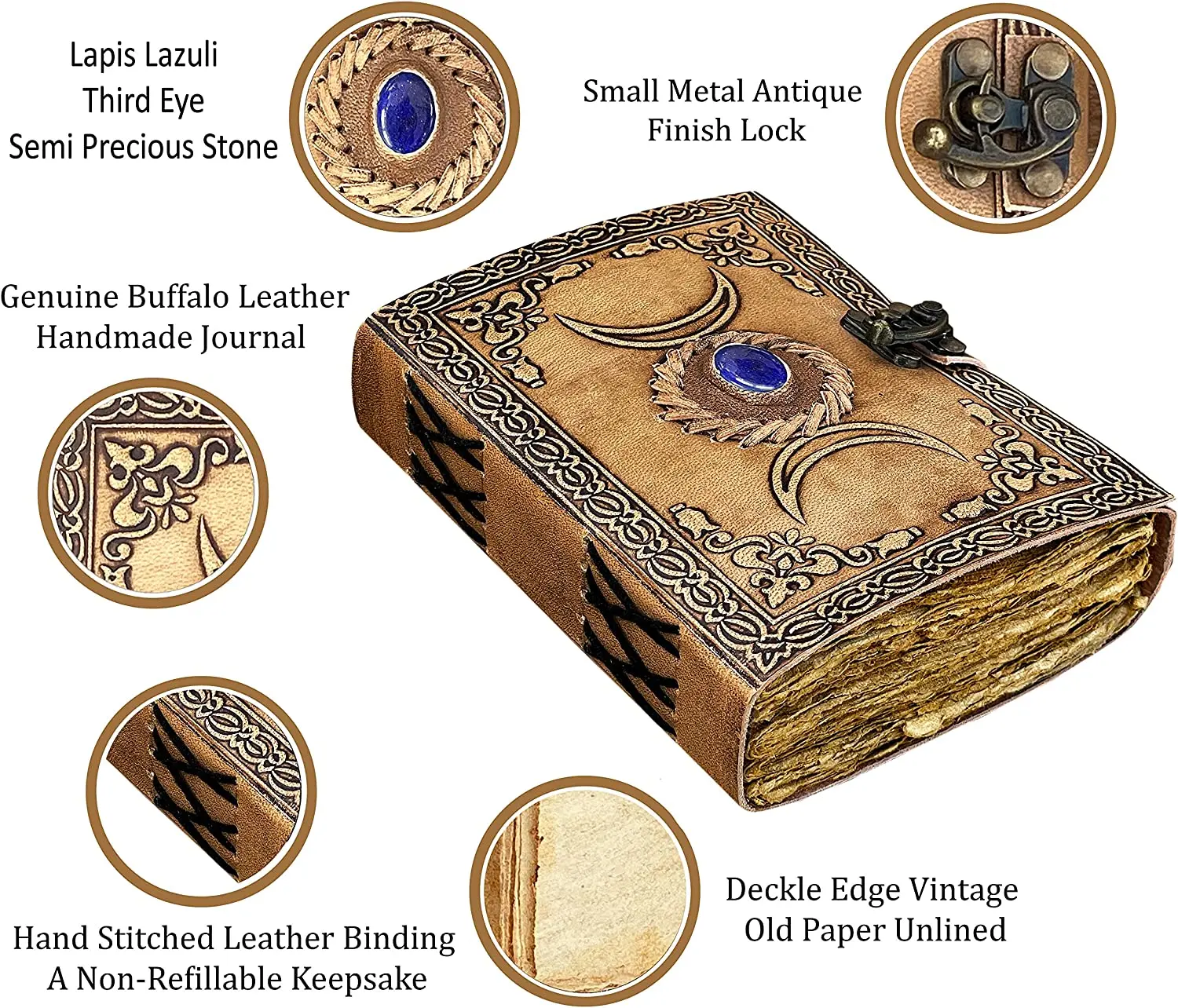 Moon Design Journal With Semi Precious Witch Stone Triple Moon Design Lock Closure 200 Antique Deckle Edge Paper