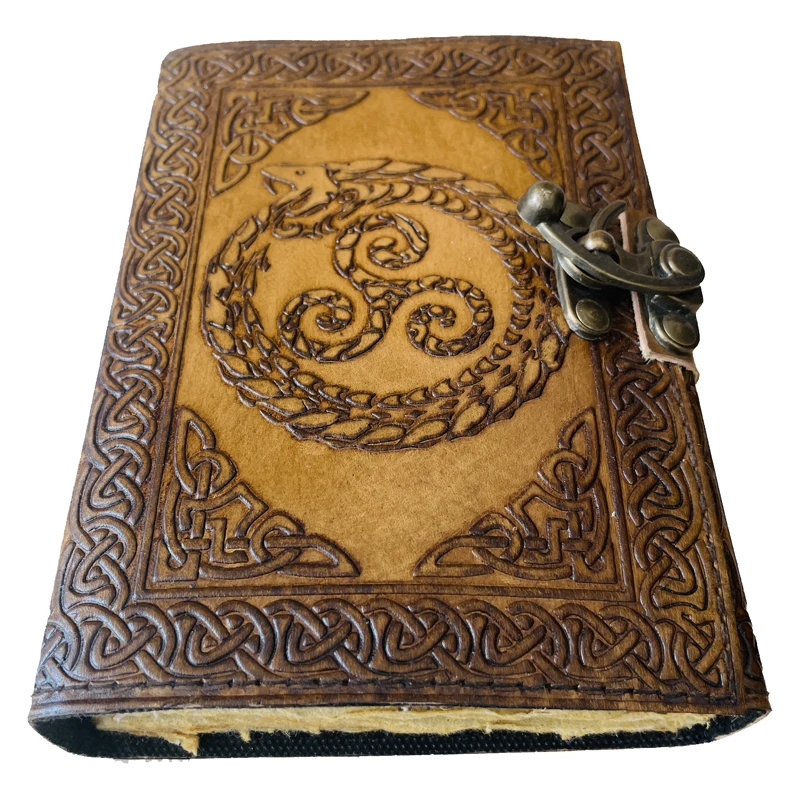 Dragon Embossed Leather Writing Notebook Hardcover Gift Journal Antique Journal Celtic Emboss Writing Green Spell Deckle Book