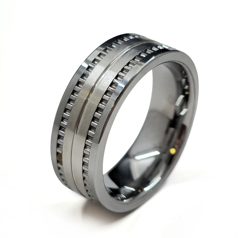 china wholesale gear ring Custom tungsten combination gear ring hammered ring with matte finished polish men wedding bands