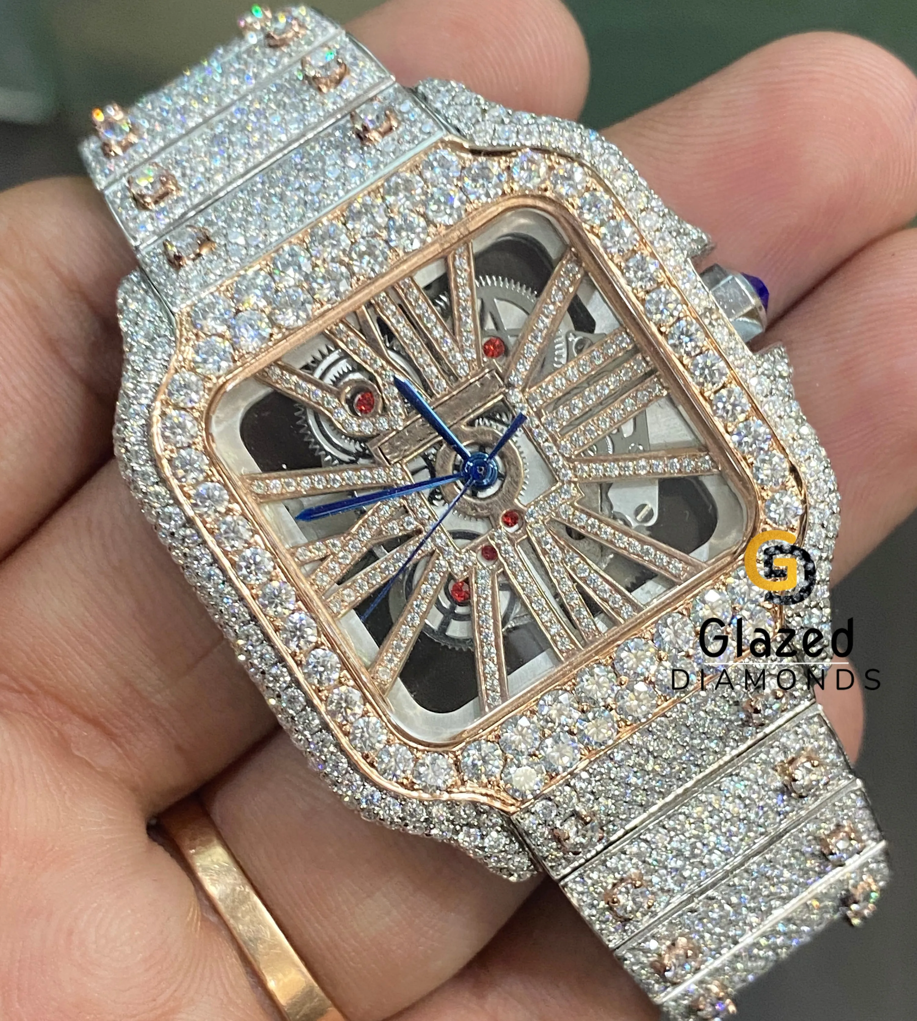 Unique Two Tone Moissanite Round Brilliant Cut Vvs Clarity Diamond Fully Iced Out Skeleton Hip Hop Watch