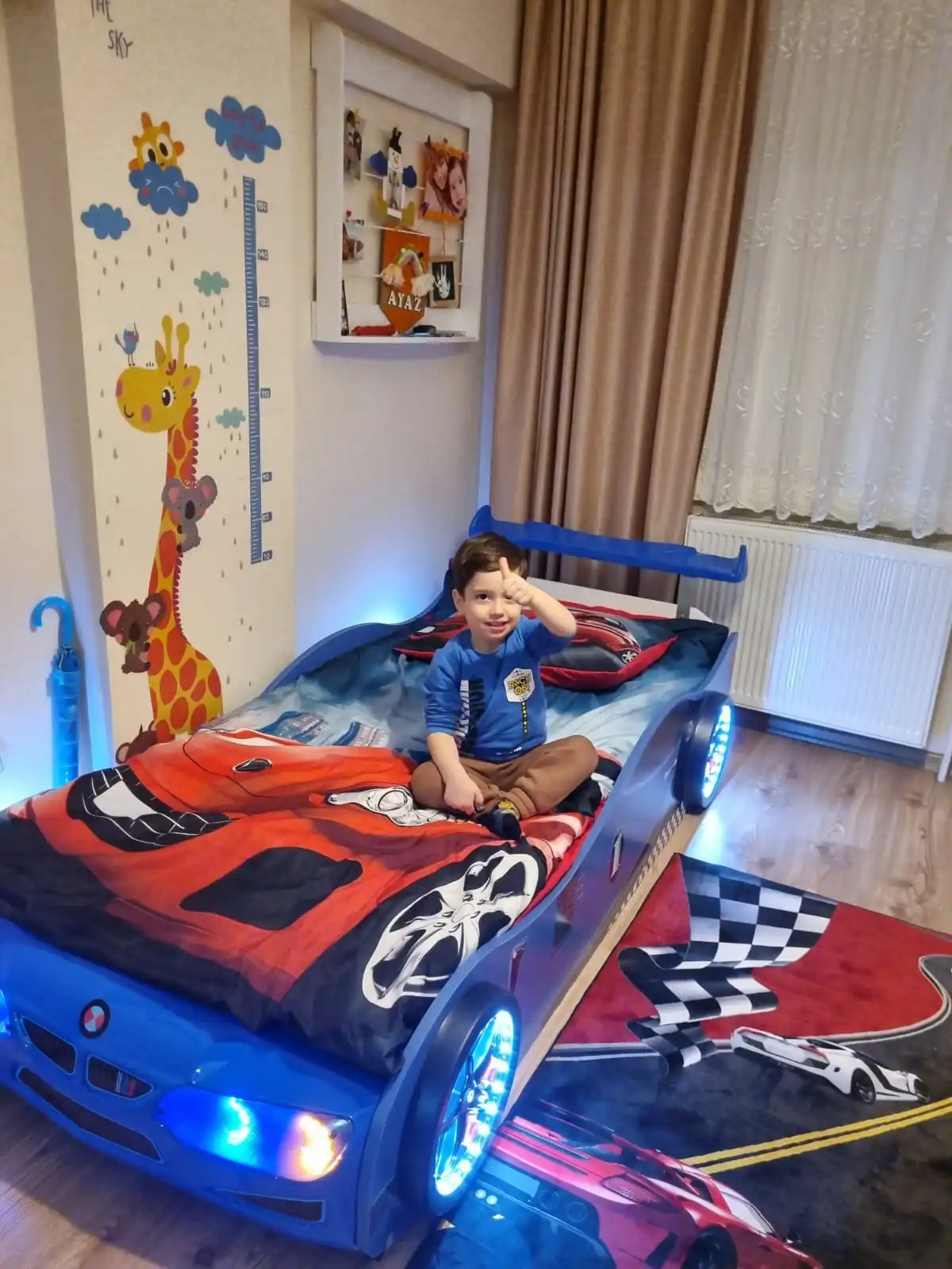 Single size Luxury car bed children solid wood fine ABS colorful led light comfortable kid bed super race car children bed