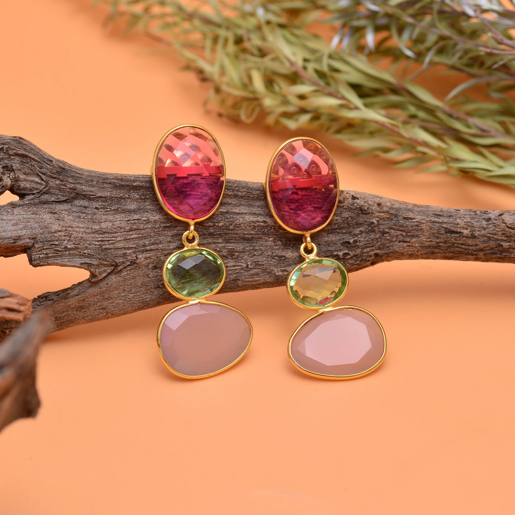 Newest Selling Jewelry Natural Pink Tourmaline & Chalcedony Green Amethyst Gemstone 925 Sterling Silver Gold Plated Drop Earring