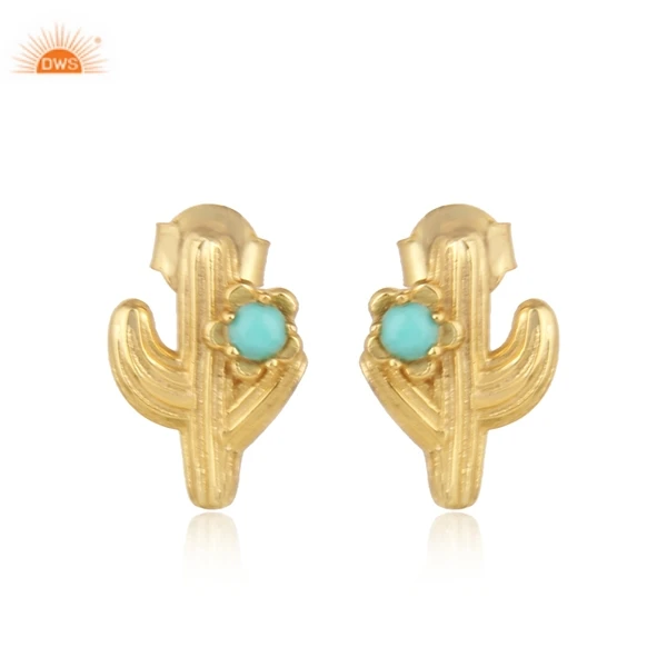 Latest Selling Silver Natural Arizona Turquoise And Pearl Gemstone Cactus Stud Earring For Women Custom Jewelry  Manufacturer