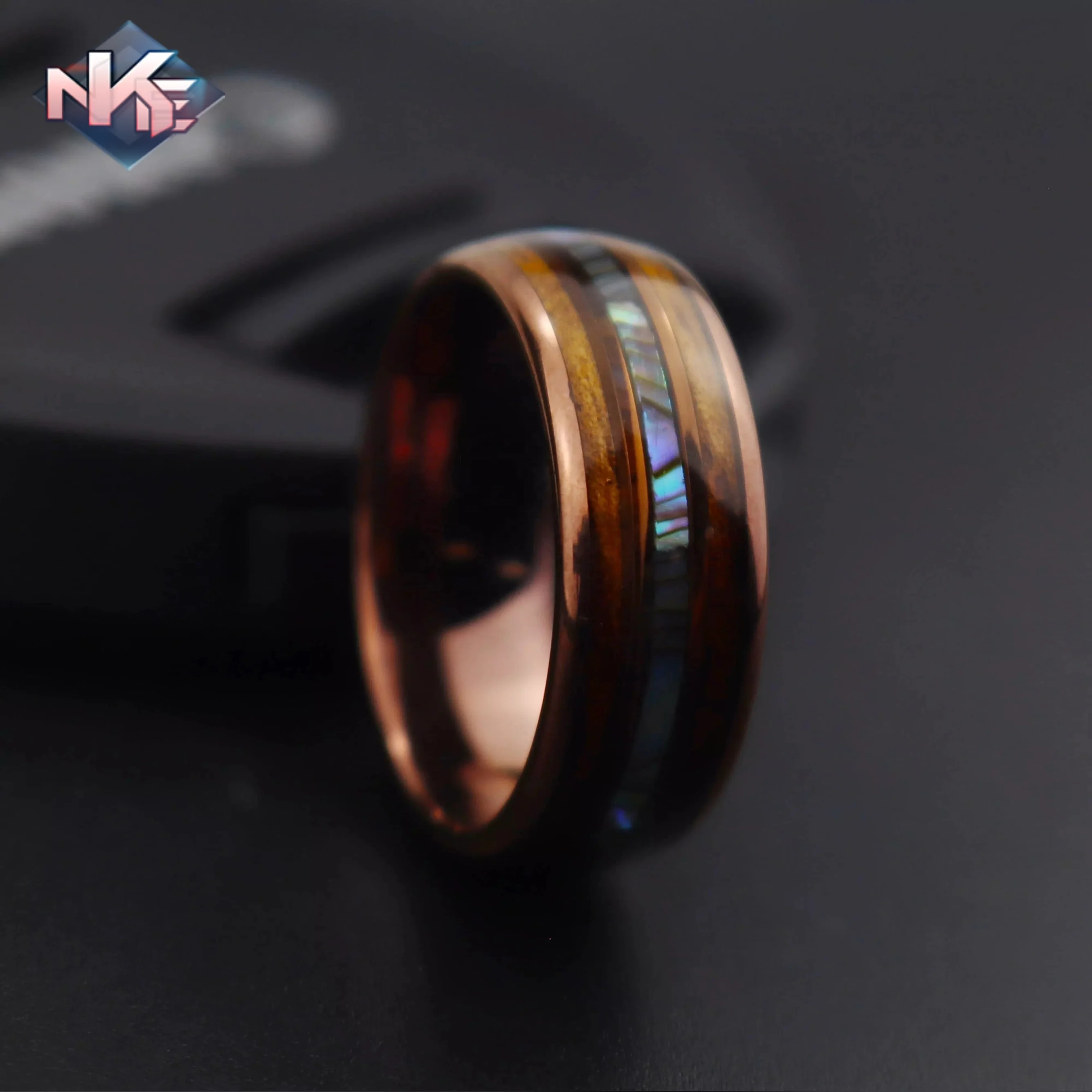 Mens Abalone Shell Whiskey Barrel Wood Inlay Coffee Tungsten Carbide Rings Ring For Men