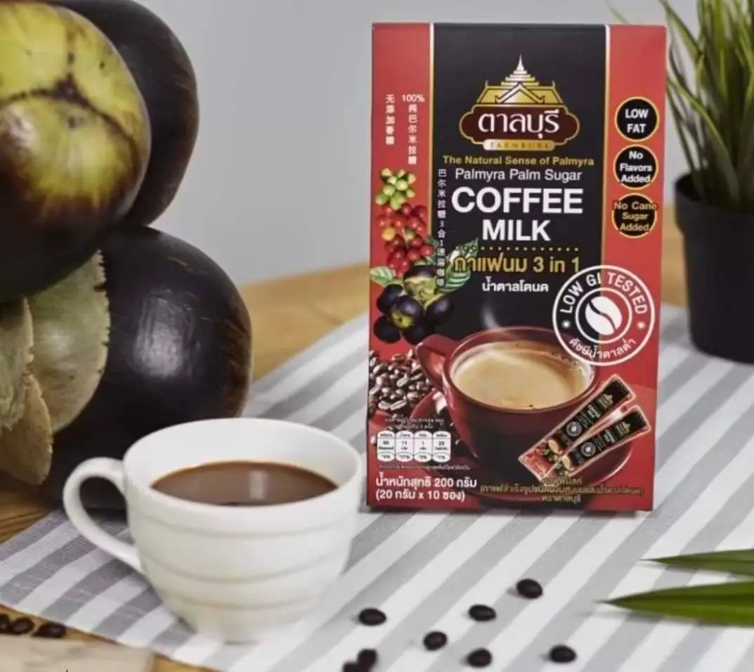 Instant Coffee Milk with Palmyra Palm Sugar 3 in 1 Aromatic Flavor From Thailand 10 Sachets Per Box