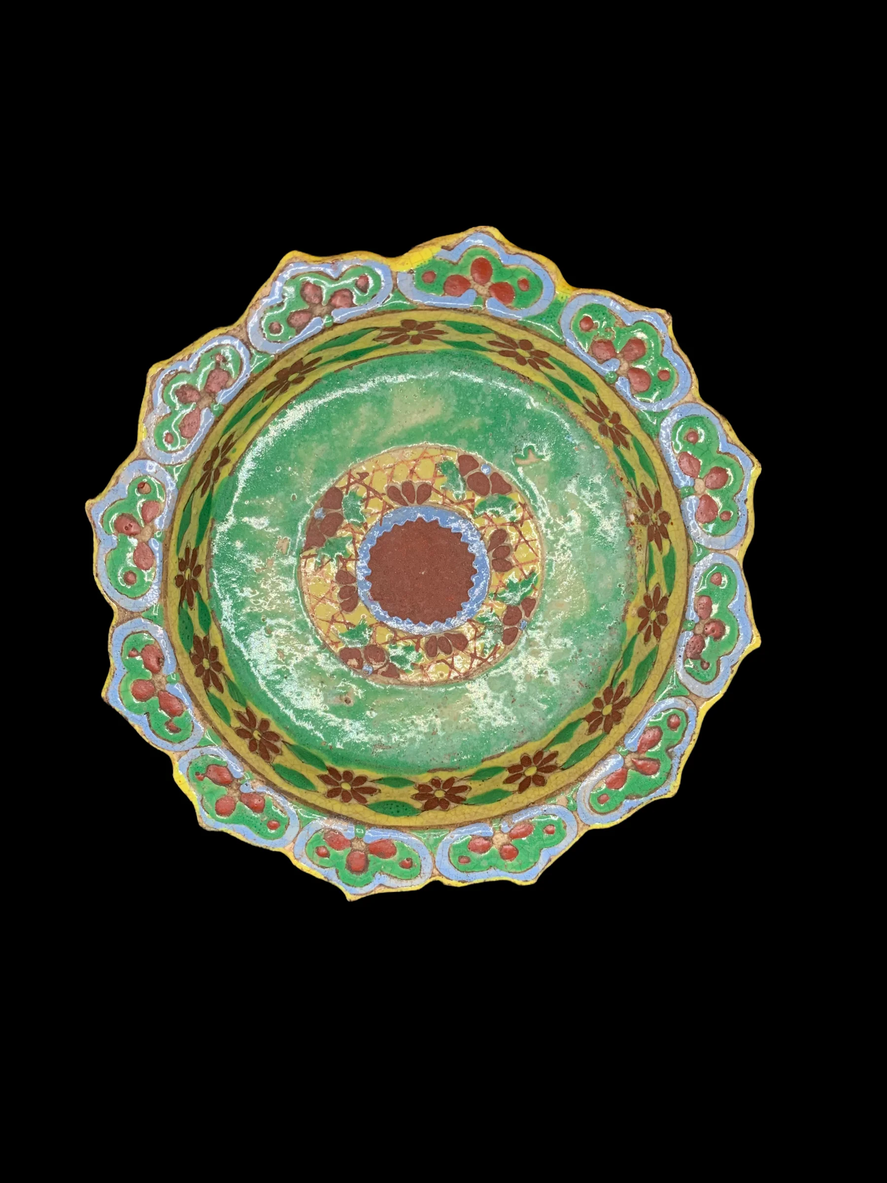 Antique Benjarong Ceramic Stem Dish Painted With Floral Design in Lotus  Petal On A Yellow Ground for Collectible