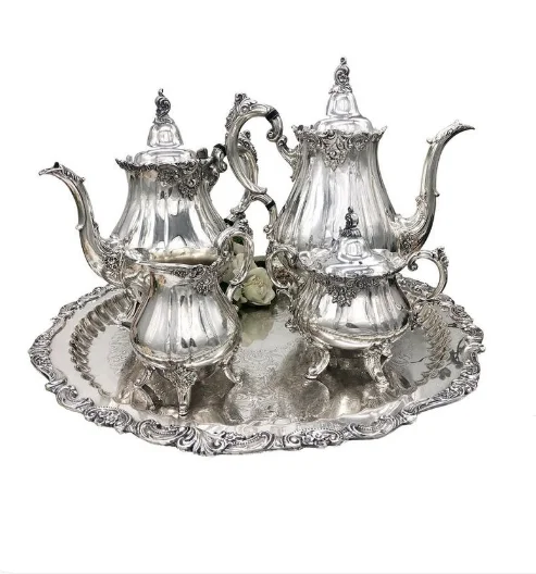 Best Selling Metal Turkish Coffee Pot Set Turkish Tea Set with Tray Teapot for Serving Tea Silver Ottoman Trim Wedding Gift