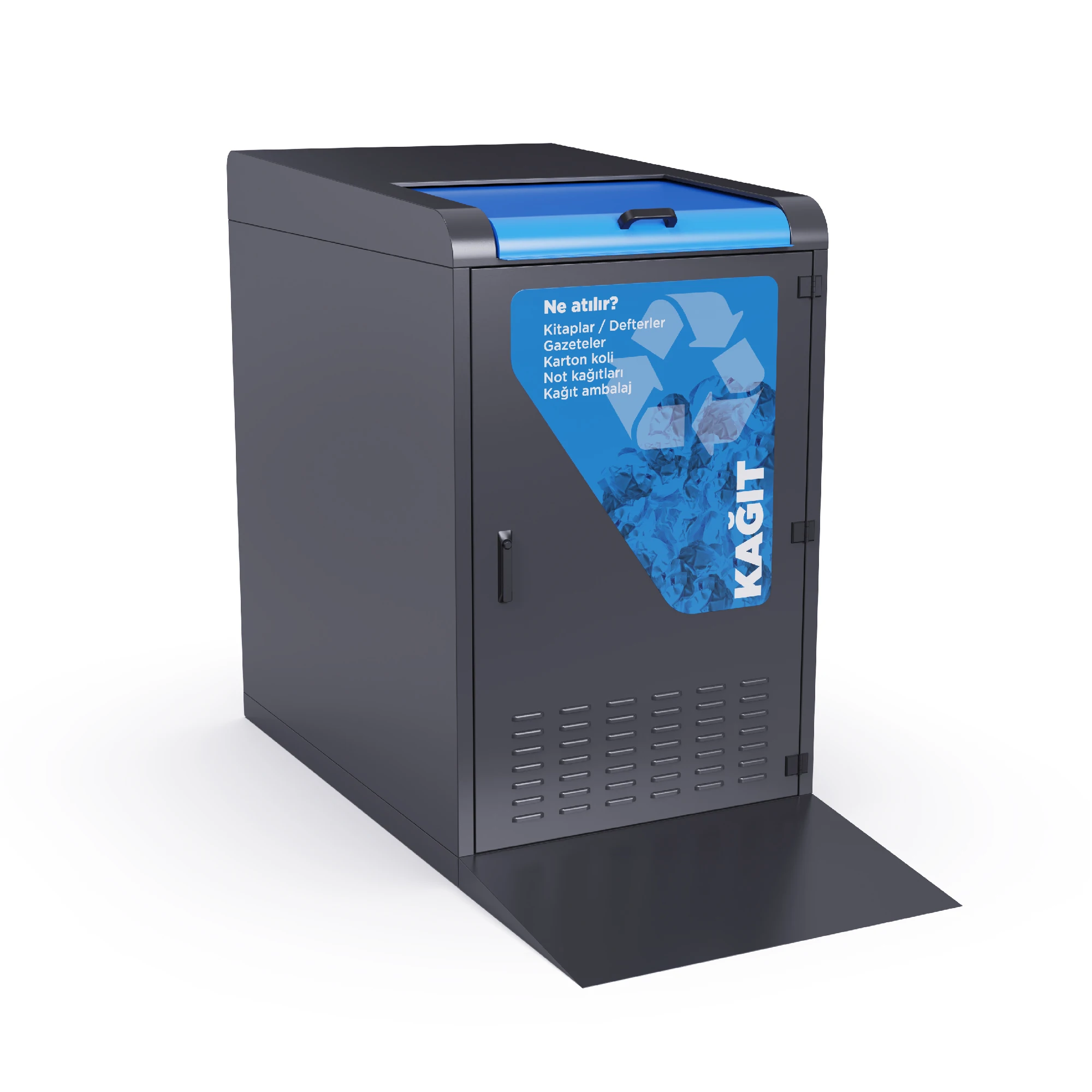 KOZA 770 (Slide, Ground, Ramp) Paper waste bin that can be easily emptied thanks to its 770 liter hopper and rail system