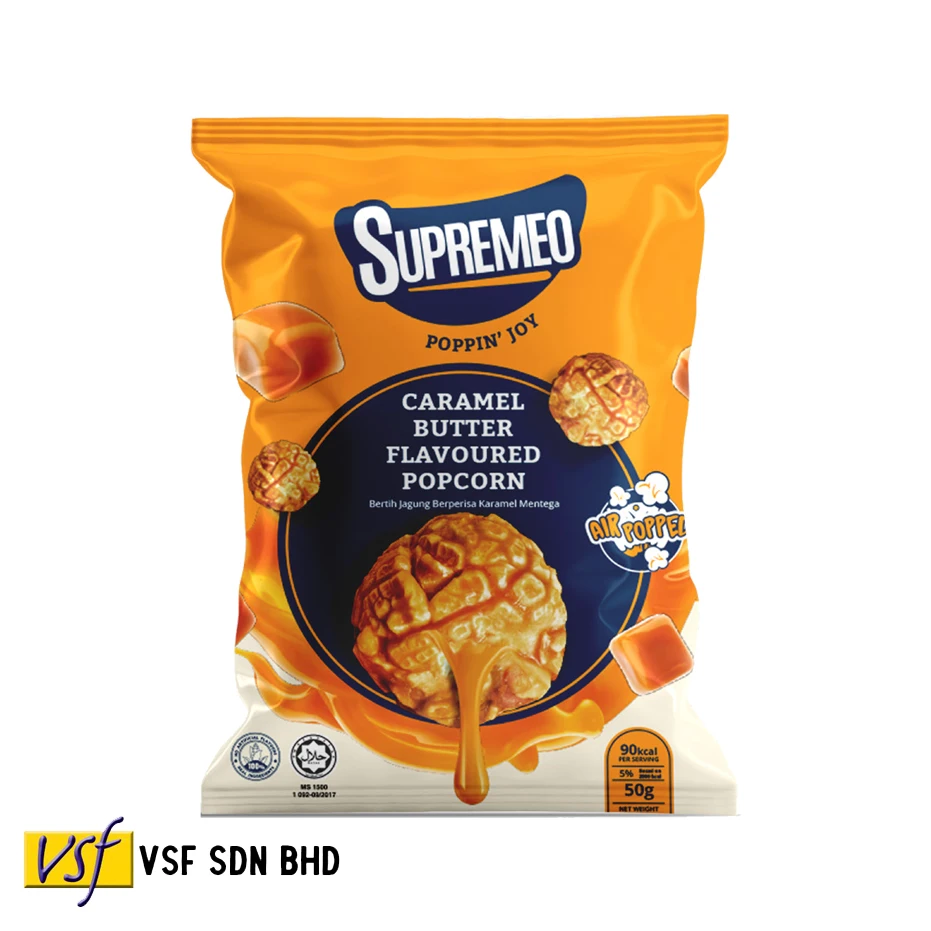 Supremeo Caramel Butter Flavoured Popcorn 50g x 60 pkts Crunchy Flavourful Air Popped Healthier Snack Low Fat Low Calories