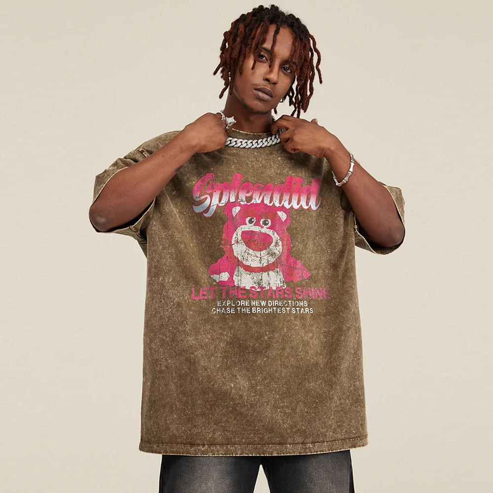 Retro fashion washed old strawberry bear print round neck short-sleeved retro loose trendy T-shirt