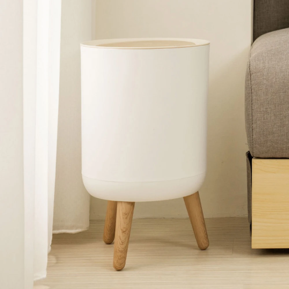 7.5l white wood grain ABS PP Trash Can with Standing Structure Pressing Type Accessories Design