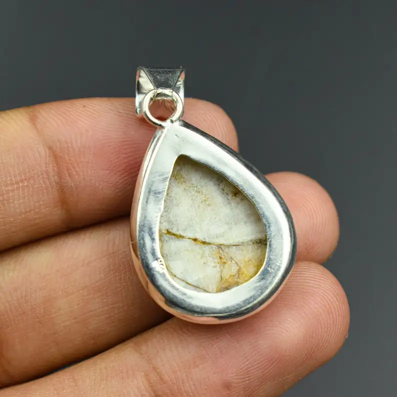 Handmade 925 Sterling Silver Beautiful Picture Jasper Pendant Necklace Diamond Pearl Cross-Shaped Flower for Mum for Weddings
