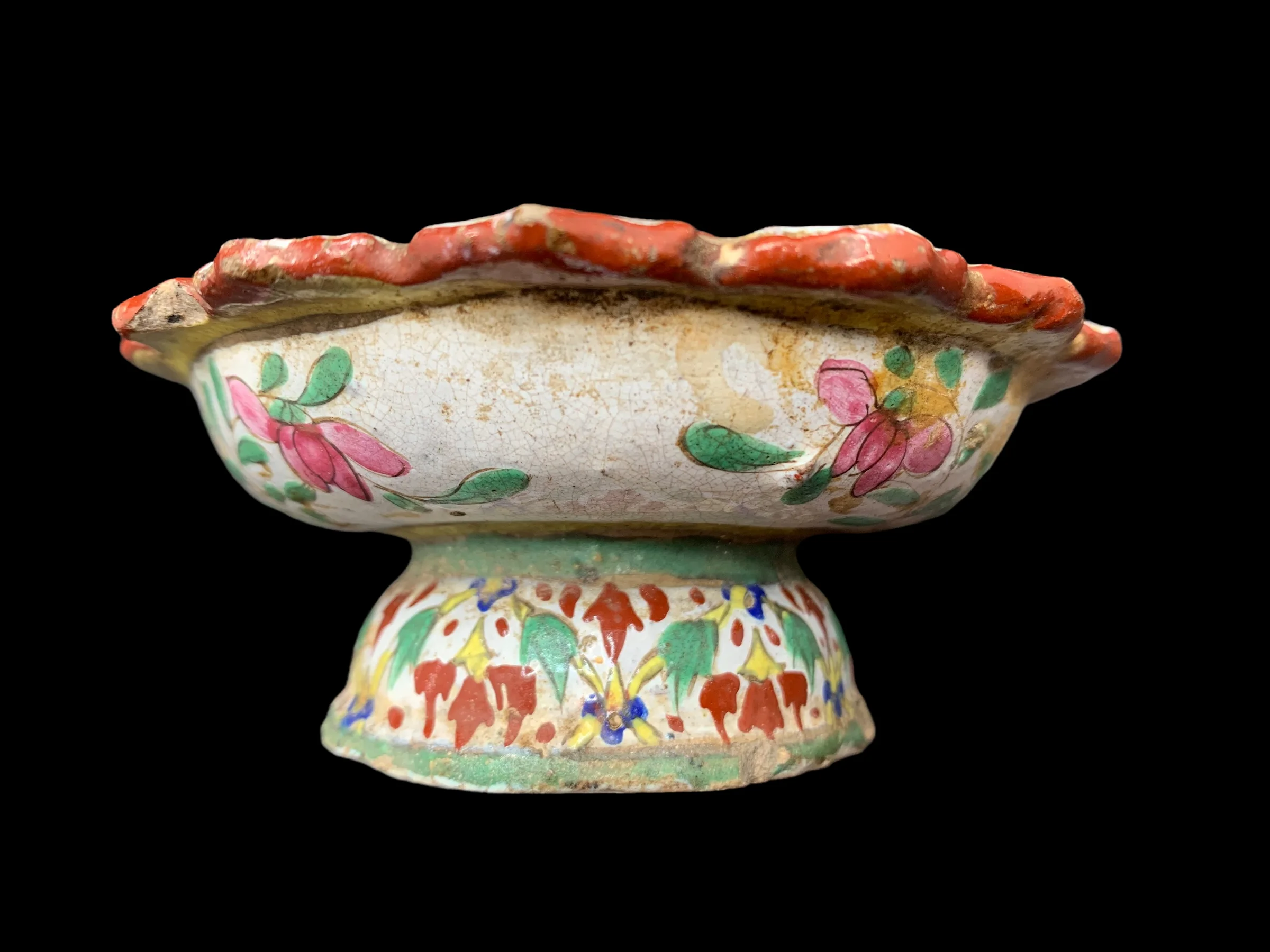 Antique Ceramic Benjarong Stem Dish Painted With A Continuous Scrolling Floral Vine Design On A White Ground For Collectible