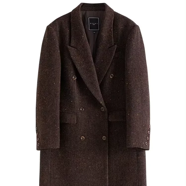 Dark Coffee Brown Color Double Breasted Long Wool Coat for Women Winter Chic Design Woolen Coat Female