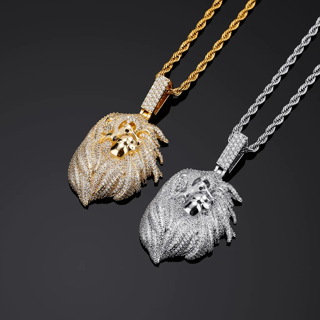 Lion Shape Iced Out Hip Hop Certified Gold Pendant 24 Rope Chain Necklace Jewelry Gift For Your Boyfriend & Friend