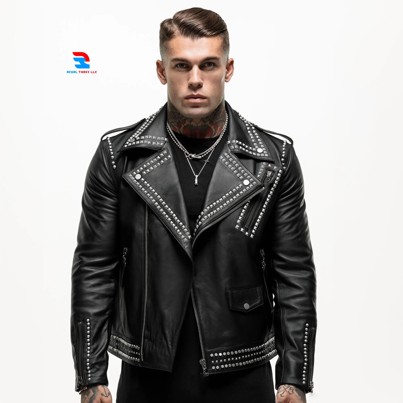 Men Motor Bike Turn Down Collar Sliver Metal Leather Jacket Male Casual Windproof Streetwear Vintage Spike Leather Jacket Mens