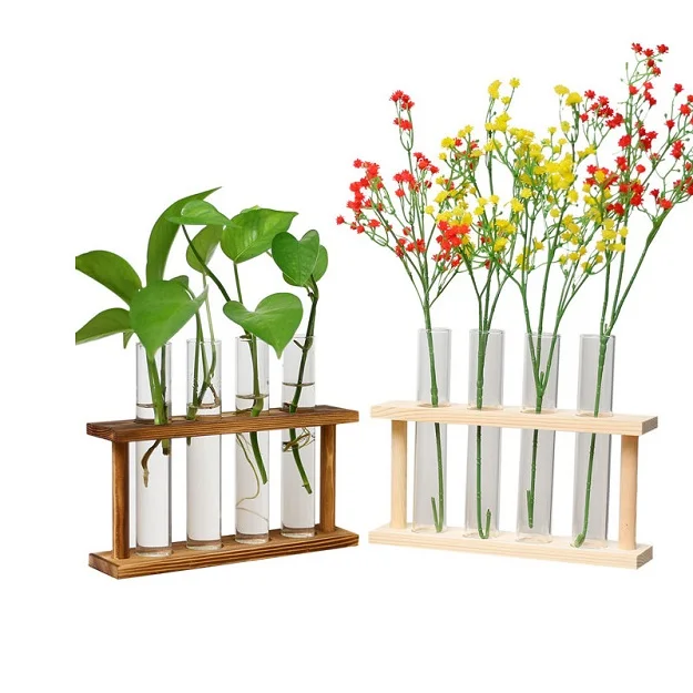 Beautifully Designed Stylish and Classy Decor Glass Tube Flowers Vase with Wooden Holder Base for Decorating House & Work Place
