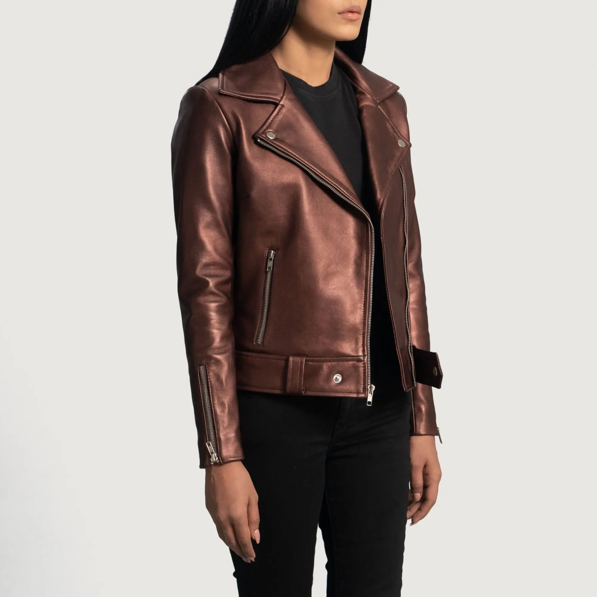 Real Leather Sheepskin Aniline Zipper Rumy Maroon Women Biker Jacket with Quilted Viscose Lining and Inside Outside Pockets