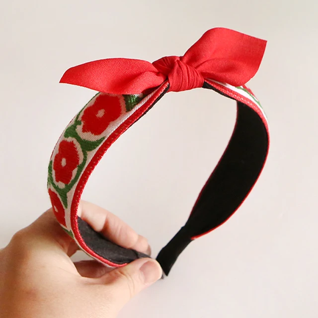 Girls Cute Embroidered Camellia Flower Ribbon Headband Korea fashion hair accessory