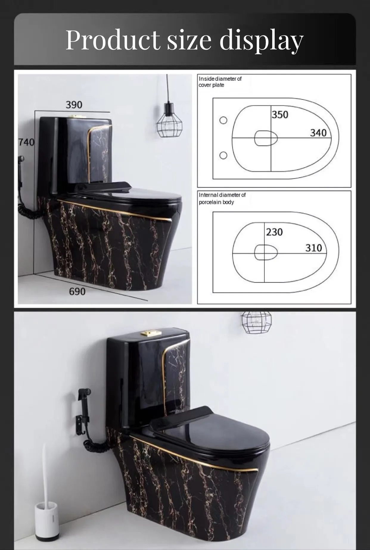 Longstar Luxury Gold  Noble One Piece Toilet 305mm/350mm/400mm Strap Ceramic Super Dual  Luxury Wholesale Toilet