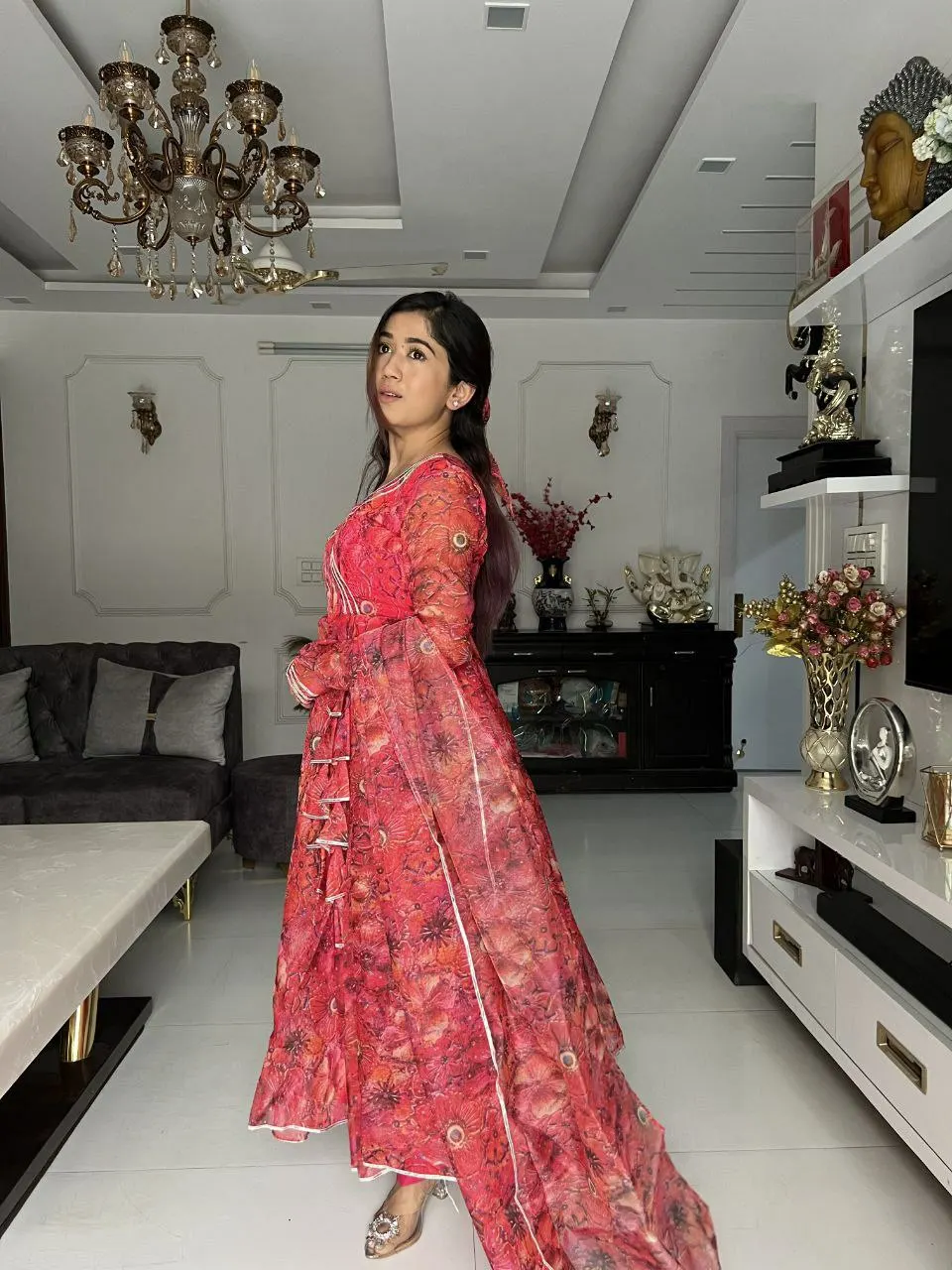 Navratri Special V neck Floral Print Desi Girls Wear Anarkali Dress For Gujarati Cultural Wear Best Material Use By Surat