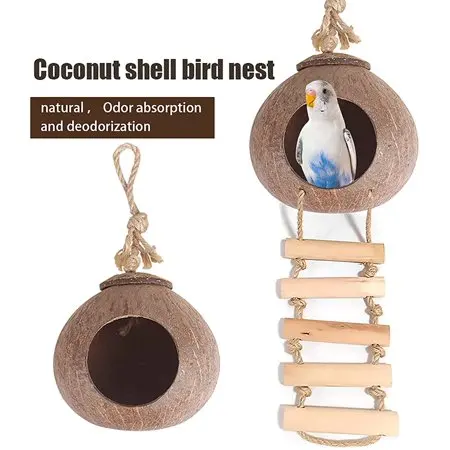Eco Friendly Natural Coconut Shell Bird House Coconut Shell Bird Nest With Ladder  Made in Vietnam