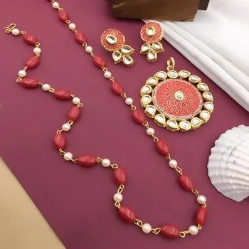 Indian Fashion Jewelry Set For Women Indian Gold Plated Big Pearl Beaded Chain Long Tassel Bridal Necklace Dangle Earrings