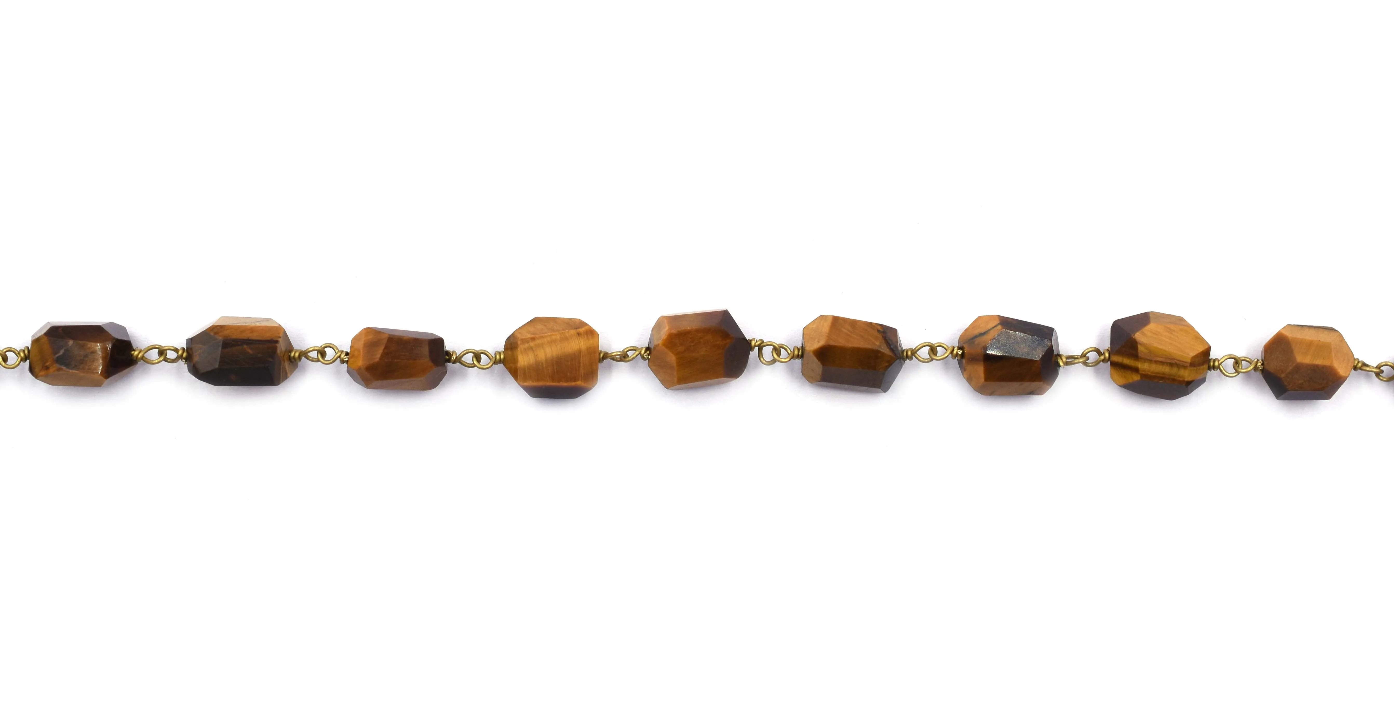 Tiger Eye Nuggets Shape Brass Gold Plated Rosary Wire Wrapped Chain Sold by Foot