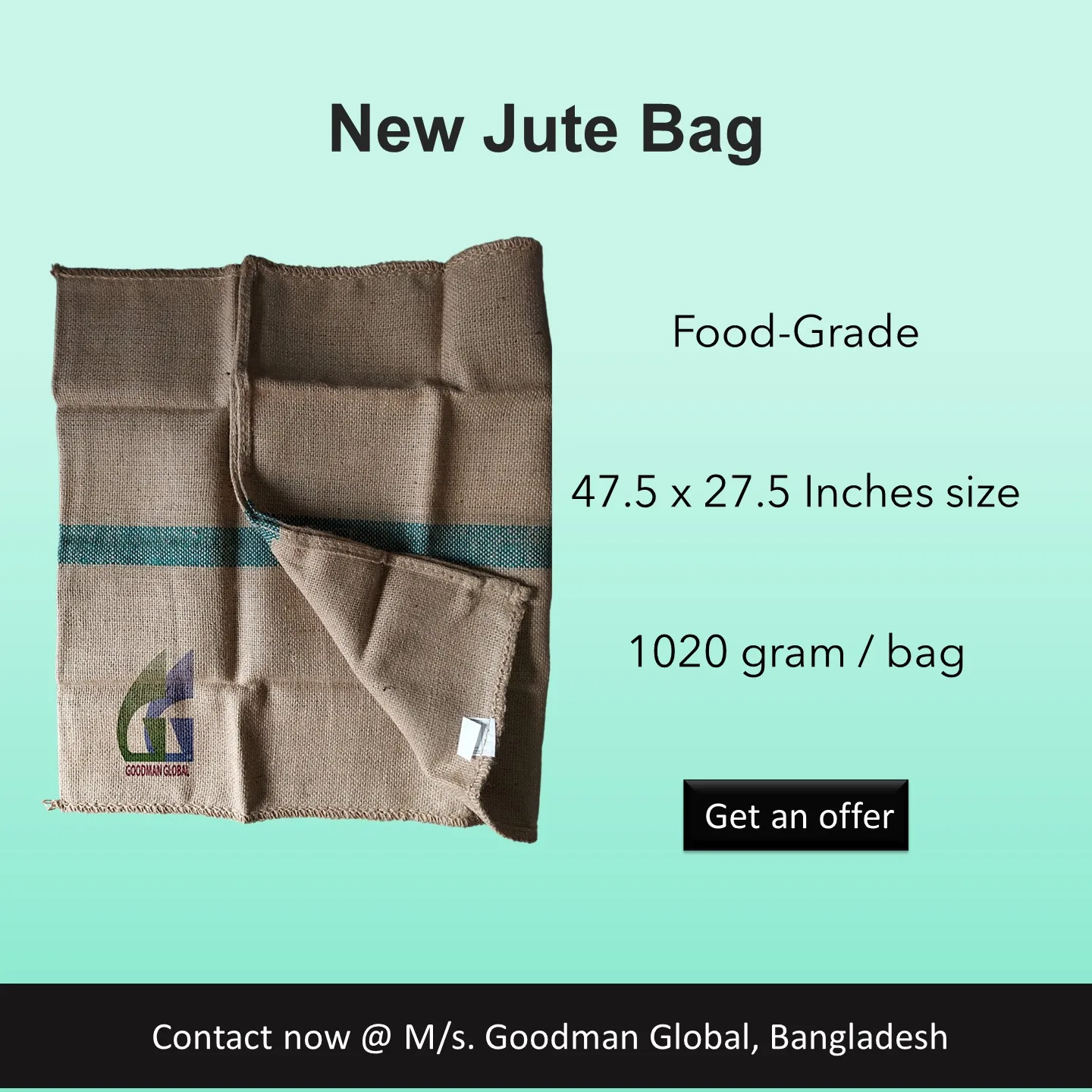 120x70 cm 1020g natural jute gunny sack for wheat corn barley Agricultural packing manufacturer Goodman Global Bangladesh
