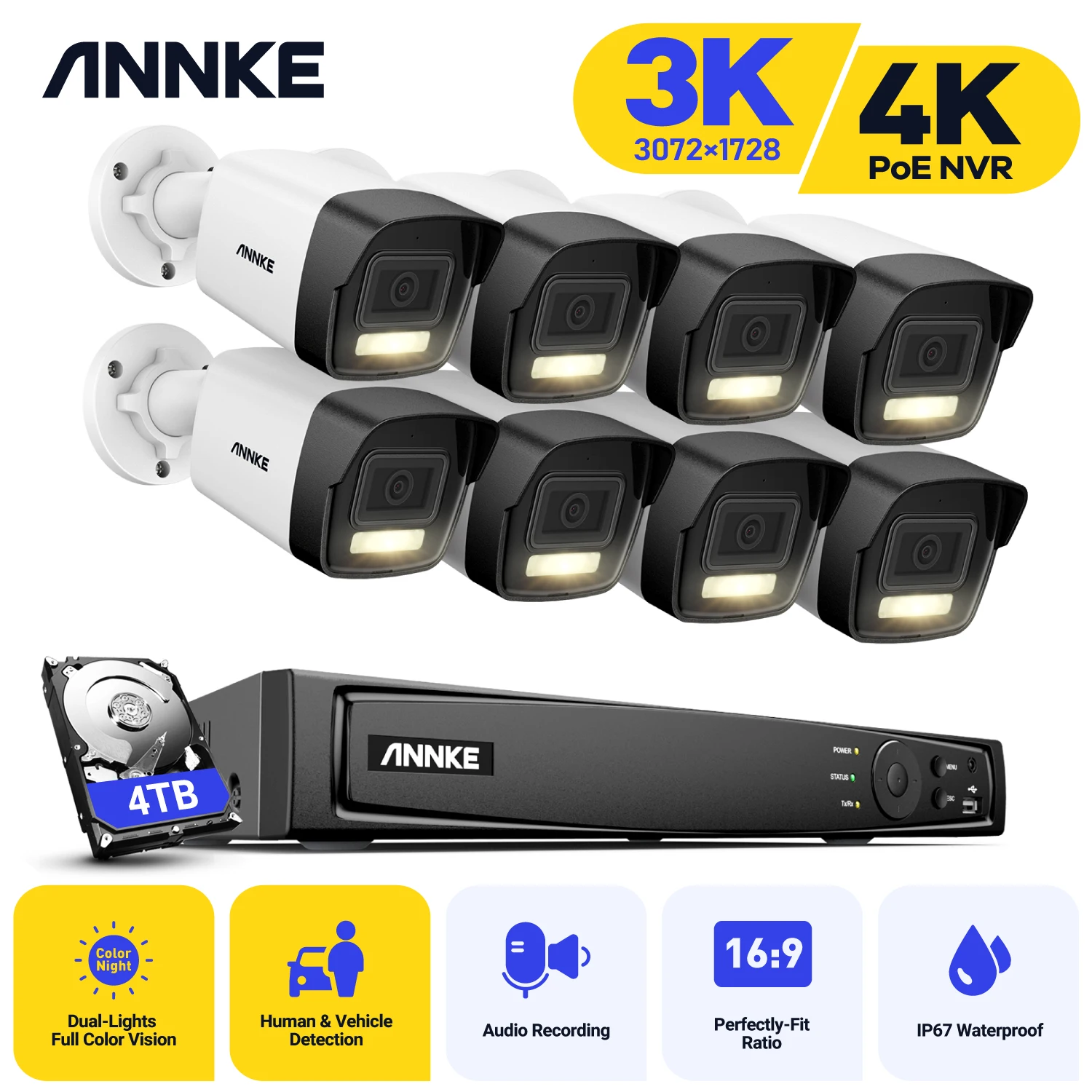 3K(5MP) Vandal-proof Dual Light IP67 Outdoor PoE IP Camera Audio in with 4TB HDD Kit 4K 16CH POE NVR Security Camera System