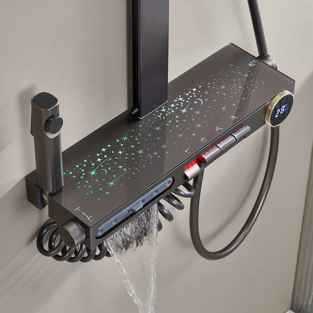 Gun Metal Grey Starlight Shower Faucet LED Digital Display Rainfall Shower Head Bathroom Brass Shower Mixer Set