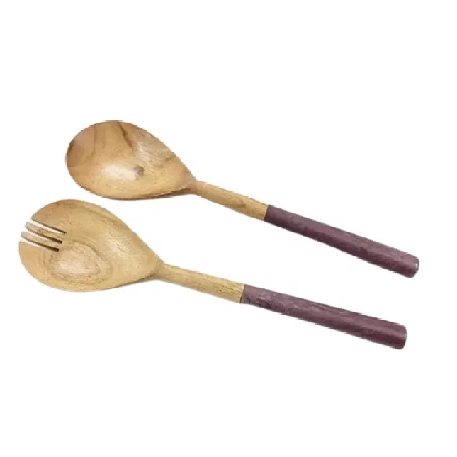 Wooden Salad Server Terrazzo Handle Acacia Wood Salad Server Spoon Set Steel Kitchen Fruit Vegetable Spinner kitchen gadgets