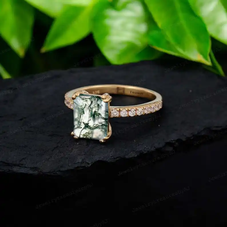 High Quality Natural Moss Agate Ring Emerald Gemstone 925 Sterling Silver Ring Brass And Gold Plated Customized Jewelry