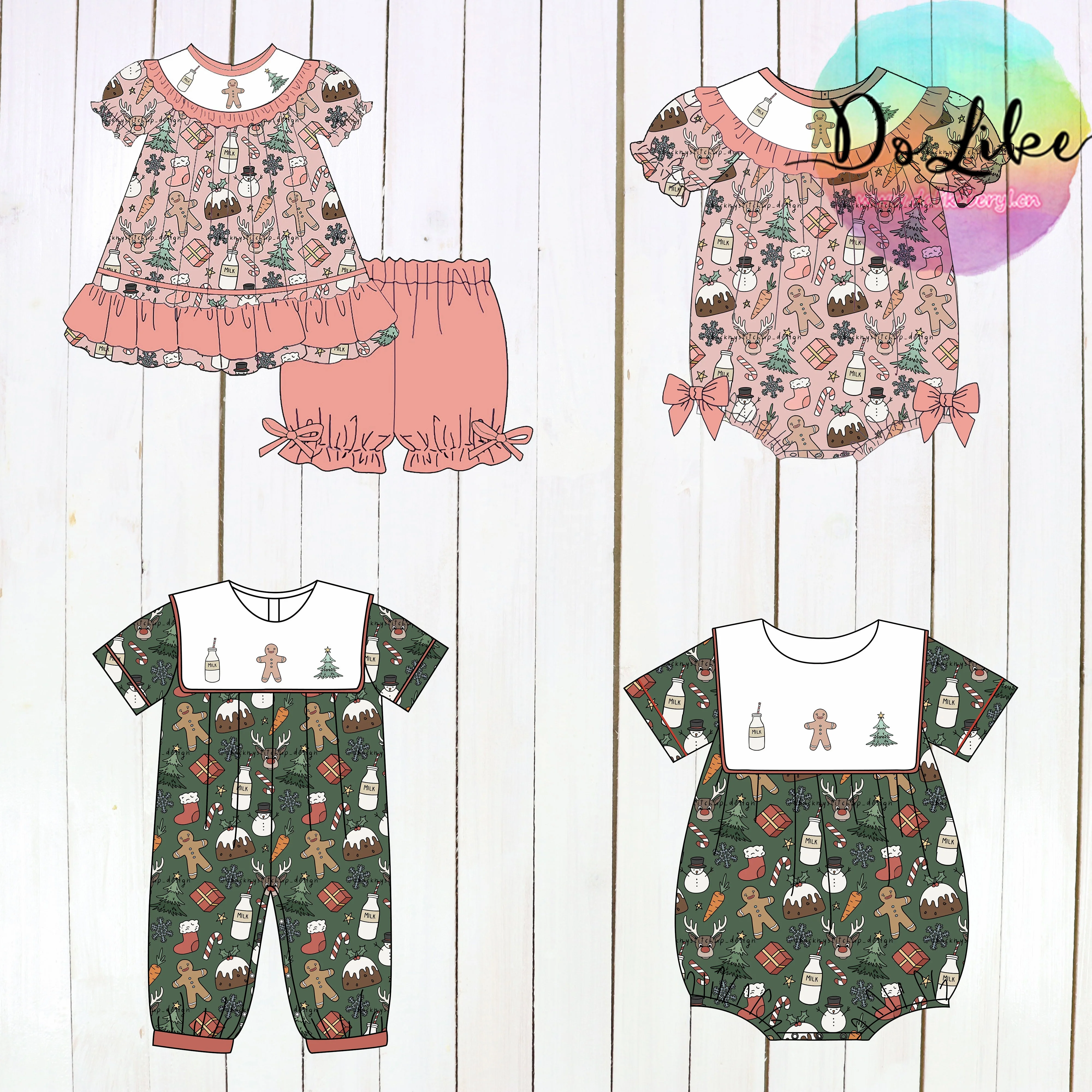 Kids clothing Christmas girl outfit custom printed baby rompers ruffles two piece girls clothing sets
