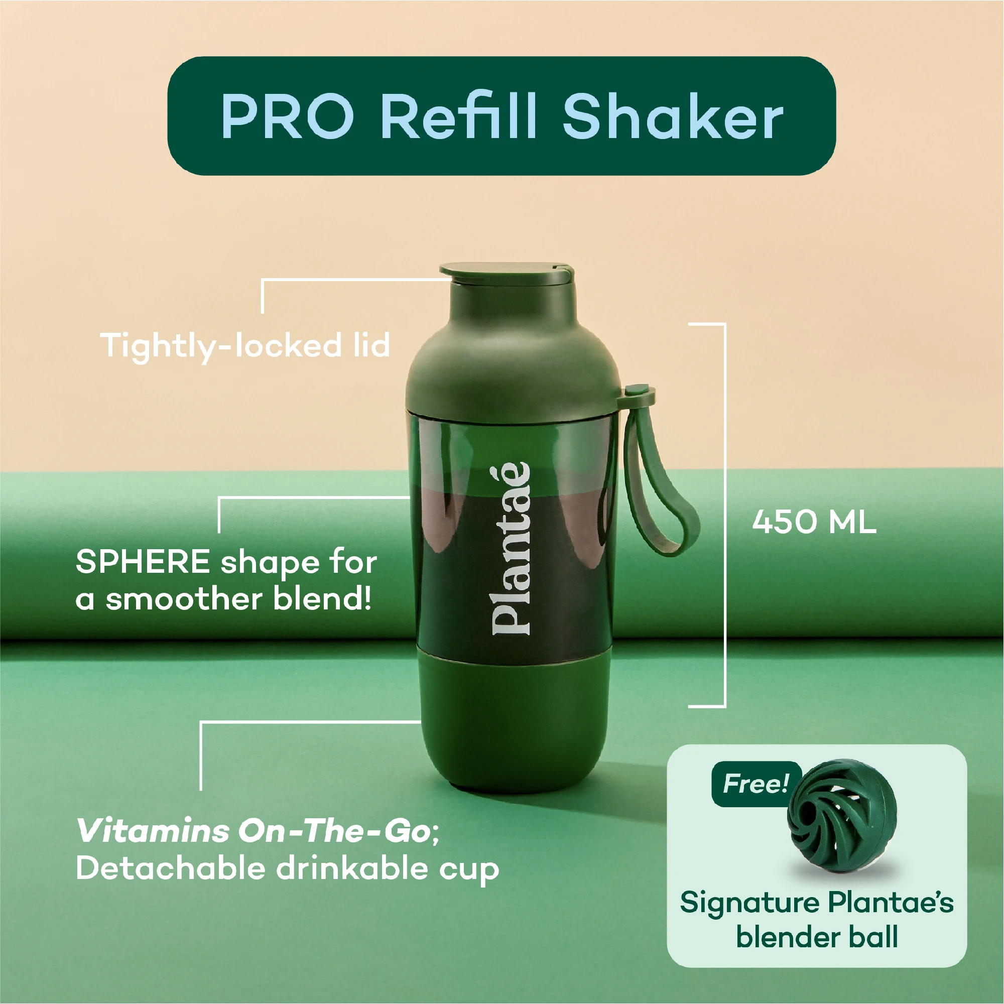 New! High Quality Green Pro Refill Shaker Multi-Function Tightly-locked lid with blender ball 450 ml