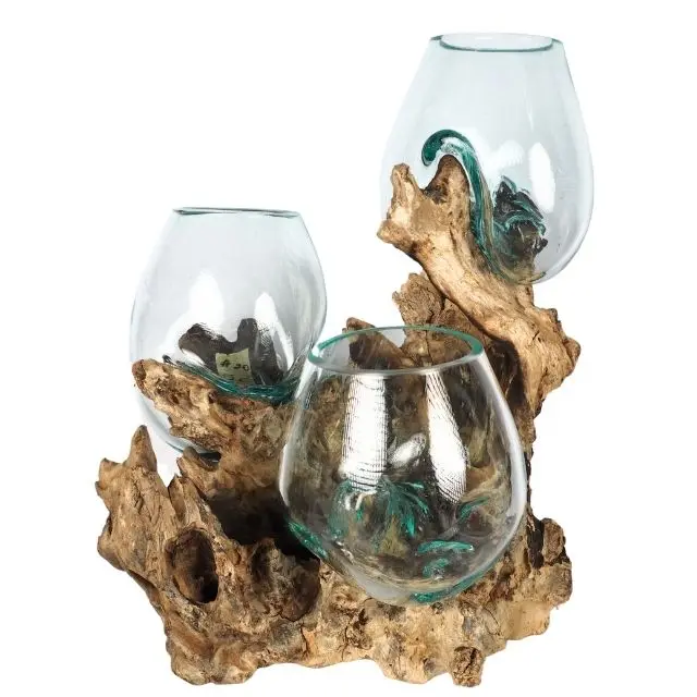 Molten Glass On Gamal Wood, Driftwood Terrarium,  Glass Bowl On Driftwood
