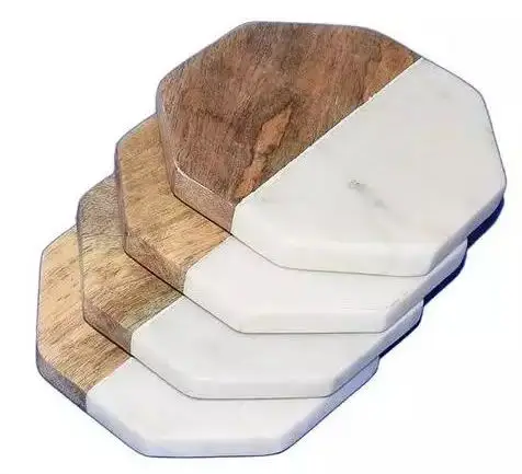 Custom Shape Wood and Marble Tea Coaster Manufacturer and Exporter new Design White Marble and Acacia Wood Tea Coaster