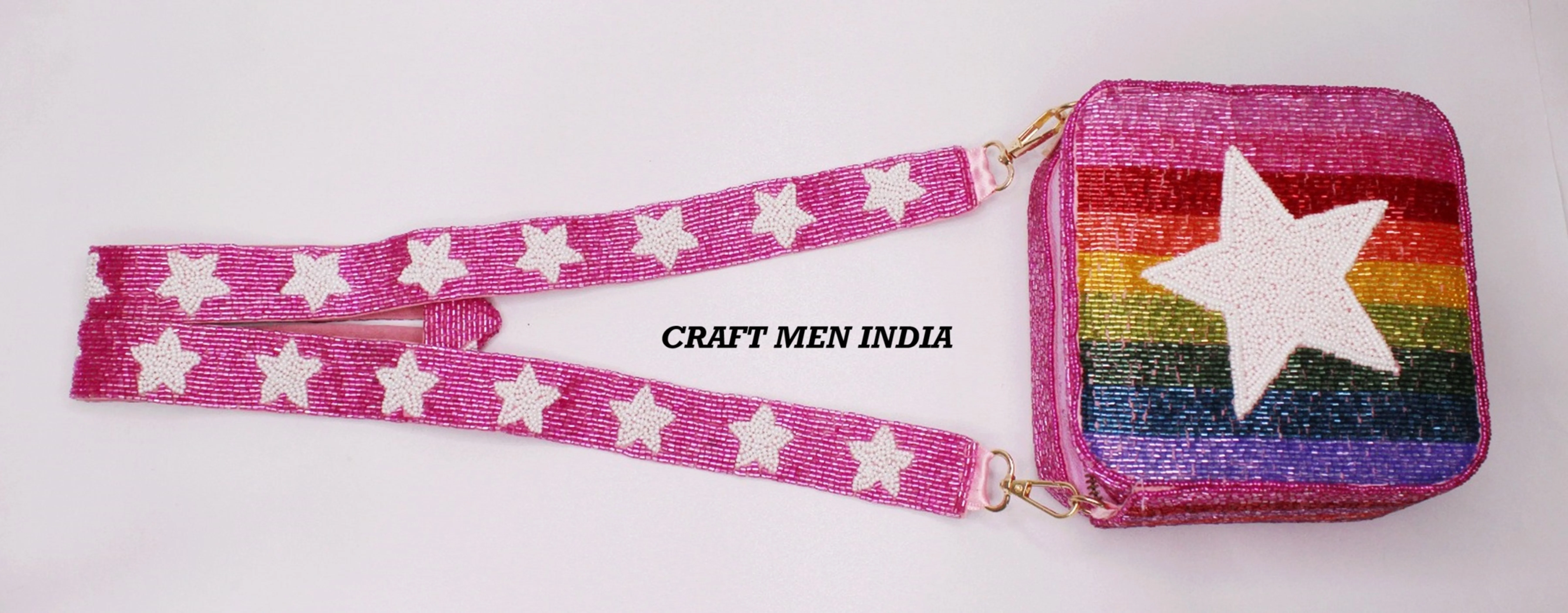 Latest Designer Woop Beaded Star Strap Box Handbag Customized Sizes Cross Body Purses for Ladies Black & White Fashion India