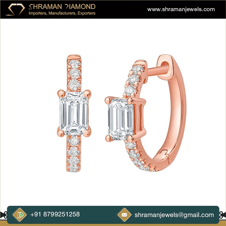 Premium Luxury Fashion Jewelry Anniversary Gift 2.15 CTS 10KT Gold Custom Emerald Cut Lab Grown Diamond Mini Hoop Earring