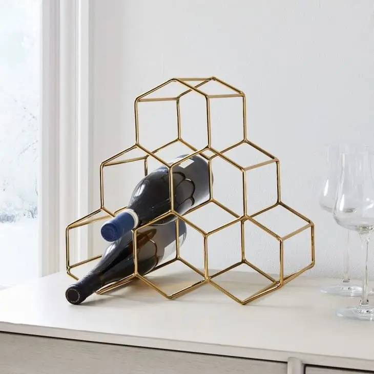 Iron Wire Hexagon 6 Bottles Wine Rack Along With Gold Finished For Your Home Hotel Bar.