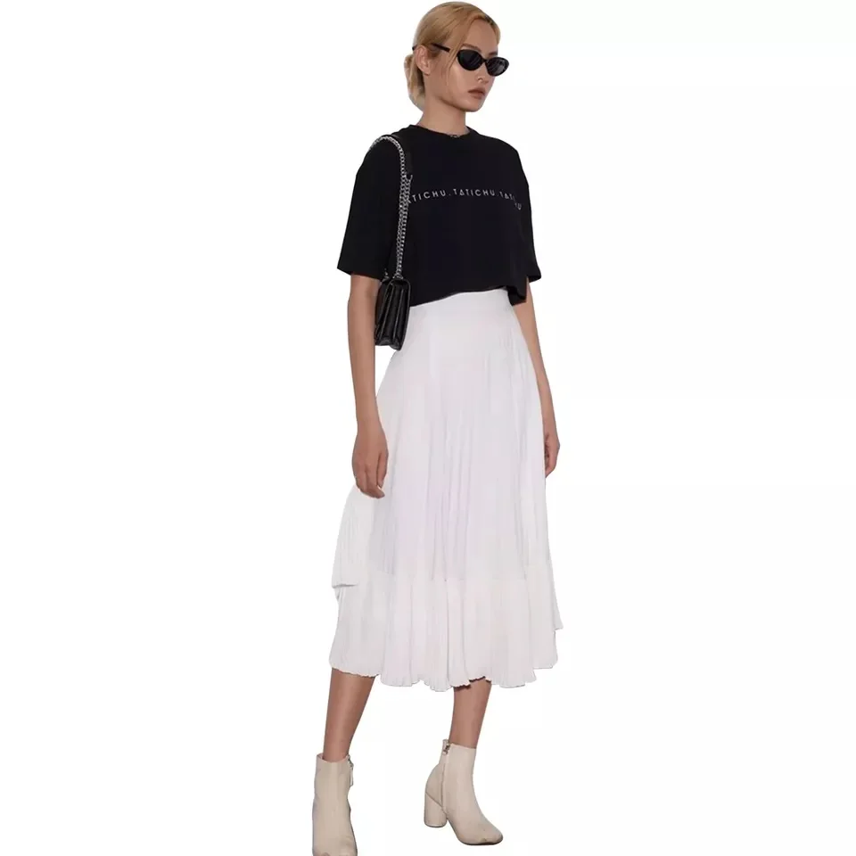 New Arrival Korean Women Skirts Clothing High Waist Asymmetrical Elastic Pleated Midi Skirts Made in Vietnam