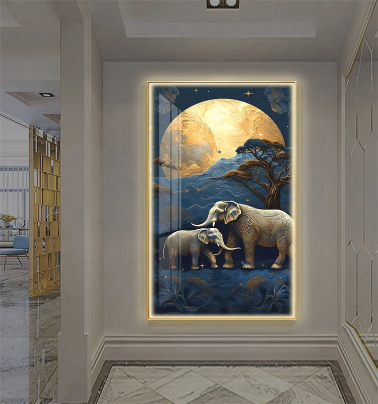 Modern Elephant forest Landscape view led light Painting Crystal Porcelain Abstract porch Painting Art Wall Home Decor