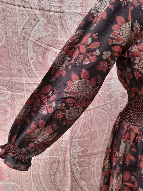 Beautiful Hand Block Printed Cotton Maxi Standard Long Dress With Smoking Waist Long Sleeve Cotton Dress Women Clothing