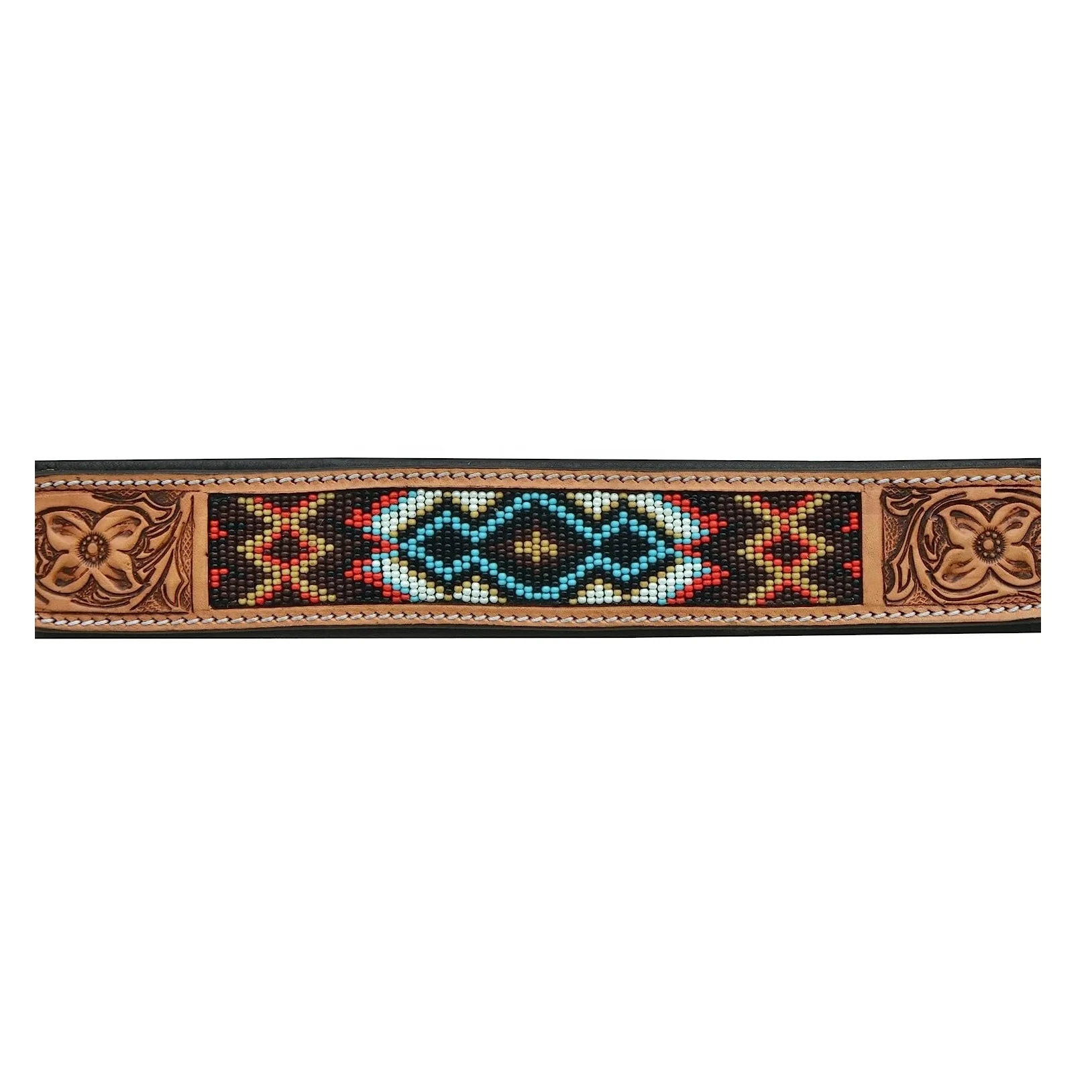 Multi Colored Beaded Soft Padded Dog Collar With Hand Tooling Dog Belt Carving Cow Leather Dog Collar Manufacturer