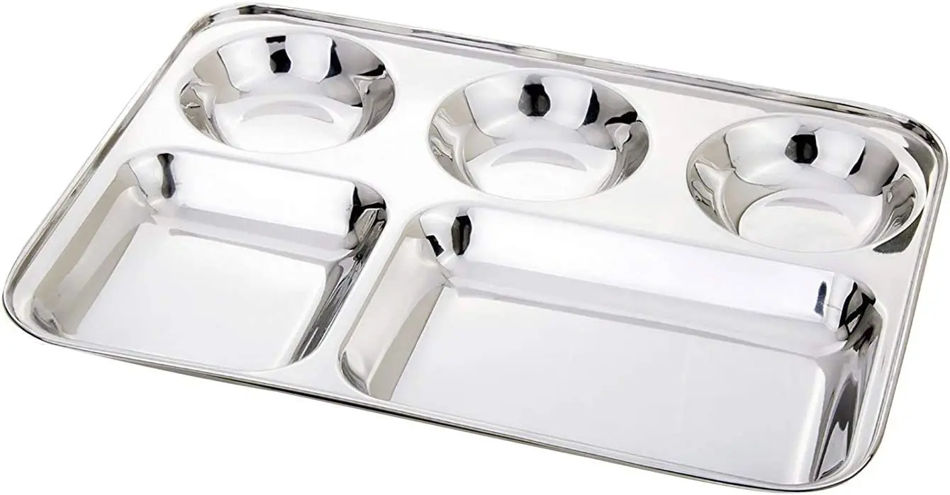 Wholesale Manufacturer 304 Stainless Steel Rectangle Thali Dining Plate Set 5 Compartments Rectangular Plates Thali
