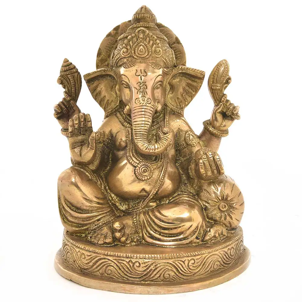 Handmade Indian Brass Golden Bronze Charbhuja Ganesha Sculptures Figurine Statue Home Decor Gift Items Size: 17 x 13 cm SMG-486