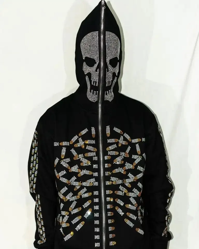 New Fashion Rhinestone Skeleton Full Face Zip Hoodie Streetwear Heavy Weight Full Zip Up Hoodie for men women