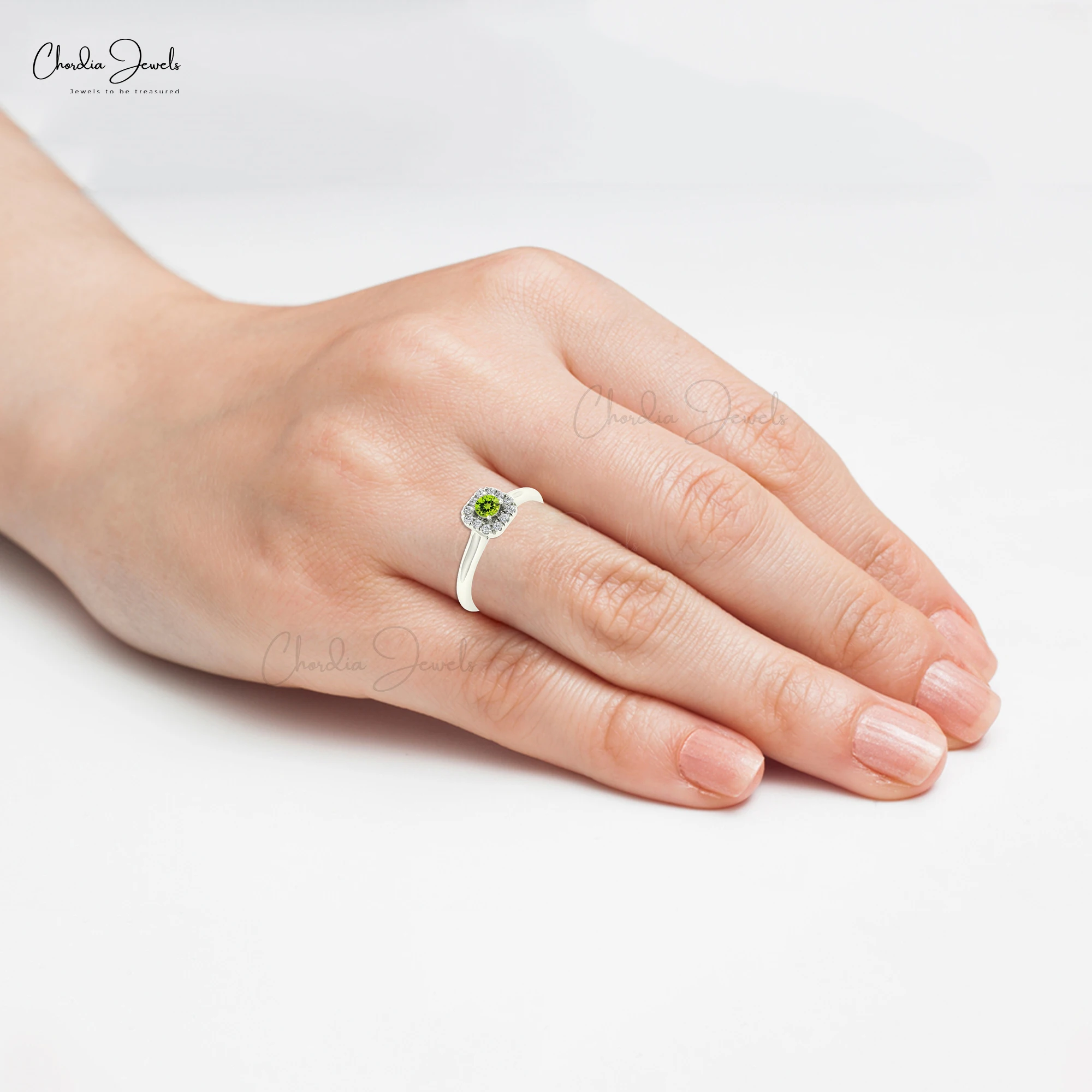 Hot Selling 14k Solid Gold Halo Ring Green Peridot 3mm August Birthstone Ring Small Diamond Prong Set Ring Free Delivery Items